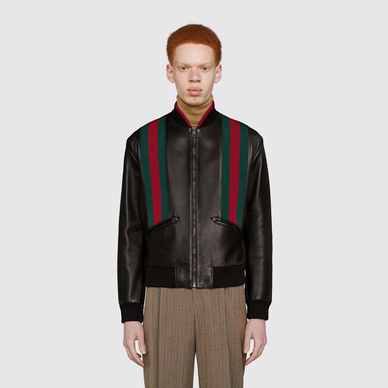 gucci leather jacket with web