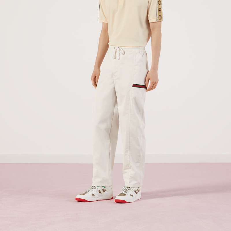饰gucci标签棉质帆布长裤in白色棉布 Gucci Uk