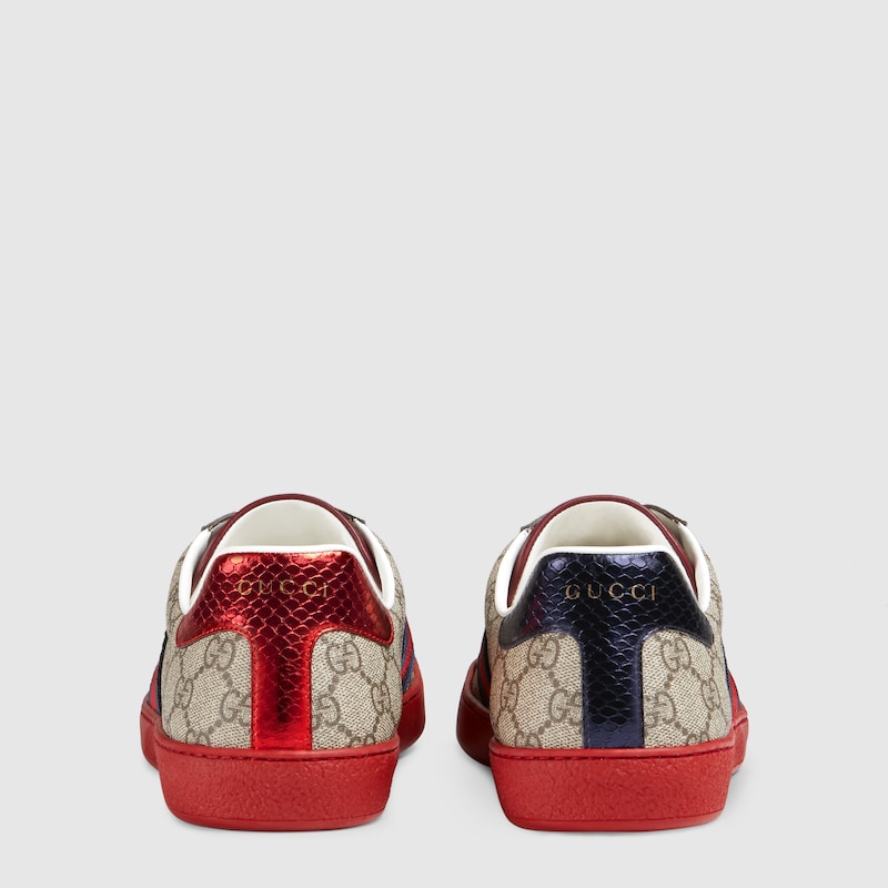 Gg Supreme Beige Canvas Ace Sneaker With Red Sole Gucci Us
