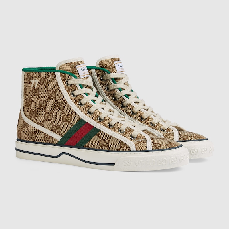 Zapatilla alta Gucci Tennis 1977 para mujer en lona GG en beige y ébano |  GUCCI® ES