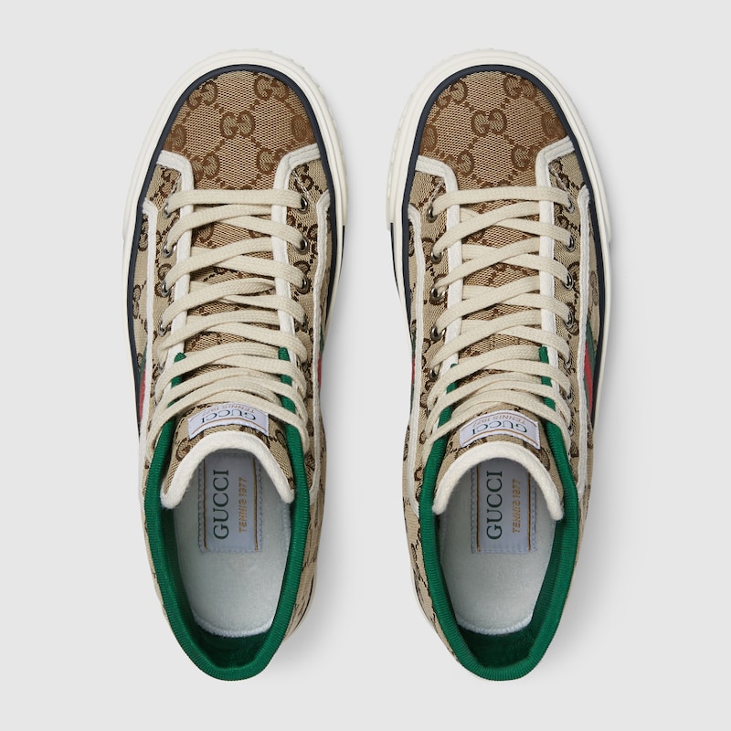 Zapatilla alta Gucci Tennis 1977 para mujer en lona GG en beige y ébano |  GUCCI® ES