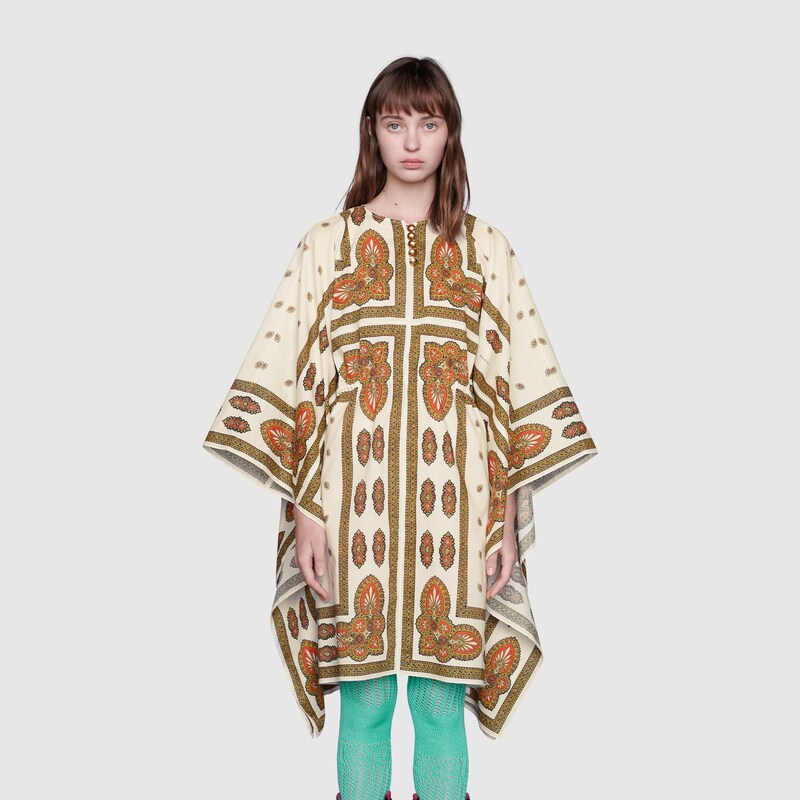 White Floral Print Cotton Short Kaftan Dress Gucci Us