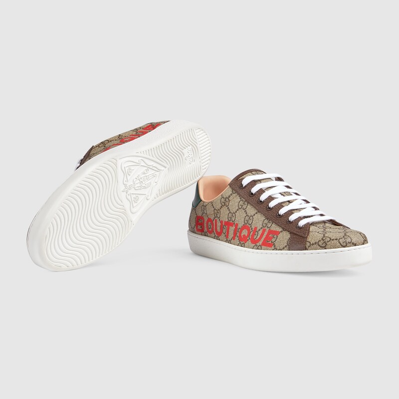 Men S Gg Ace Sneaker Brown Leather With Boutique Print Gucci Bg