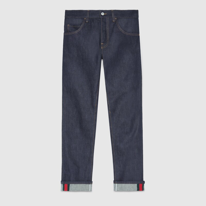 Vaquero estrecho azul oscuro con tribanda en tejido vaquero azul oscuro |  GUCCI® ES