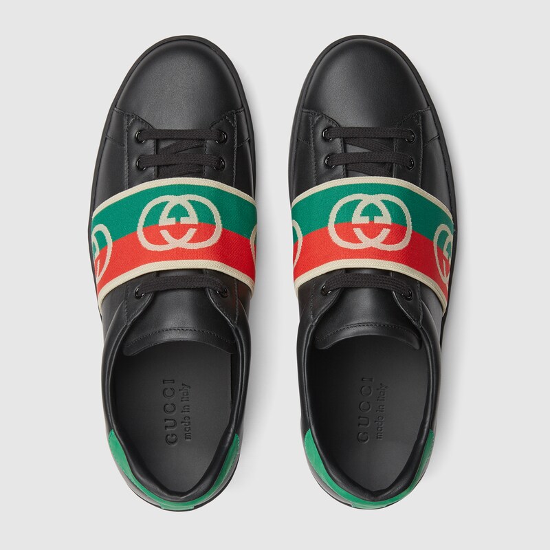 Men's Ace With Elastic Web In Black Leather | GUCCI® US