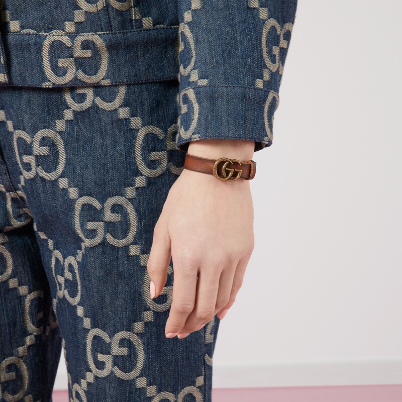 Engraved Double G Leather Bracelet In 