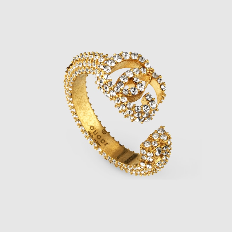 Anello con chiave Doppia G con cristalli in finiture color oro | GUCCI®  Italia