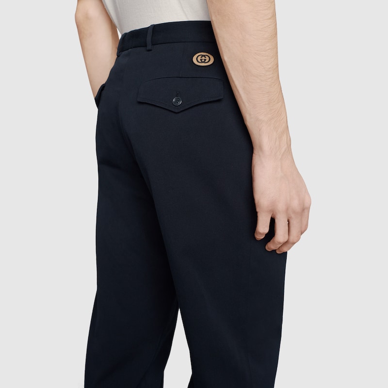 Cotton Pant With Interlocking G Patch In Dark Blue Gucci Tr
