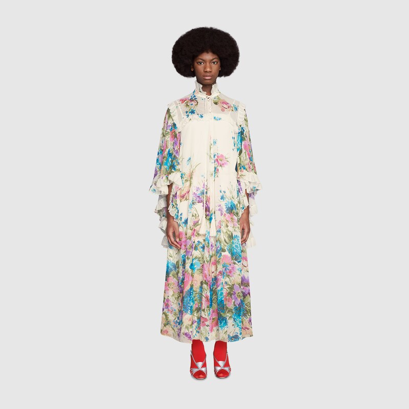 Kleid Aus Seide Mit Blumen Print In Elfenbein Gucci De 