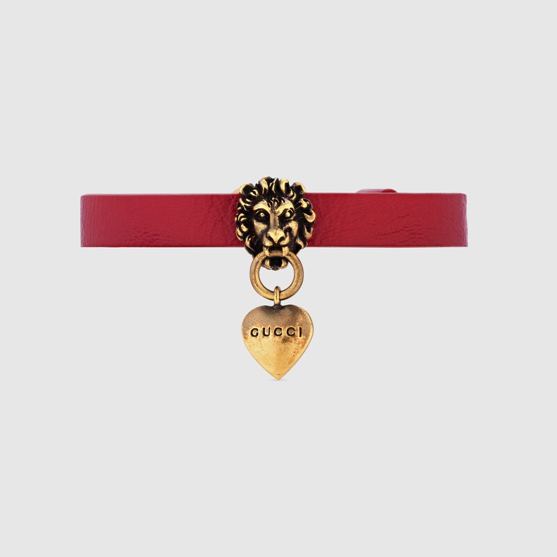 		Lion head leather bracelet in red leather | GUCCI® AE Gucci Lion head leather bracelet