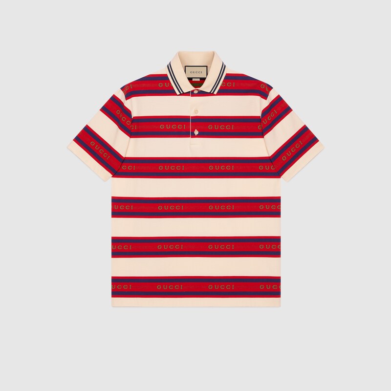 Polo in cotone a righe Gucci jacquard in avorio e blu | GUCCI® Italia