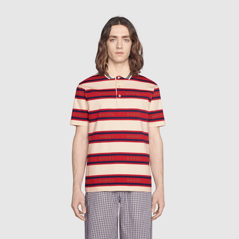 Polo in cotone a righe Gucci jacquard in avorio e blu | GUCCI® Italia