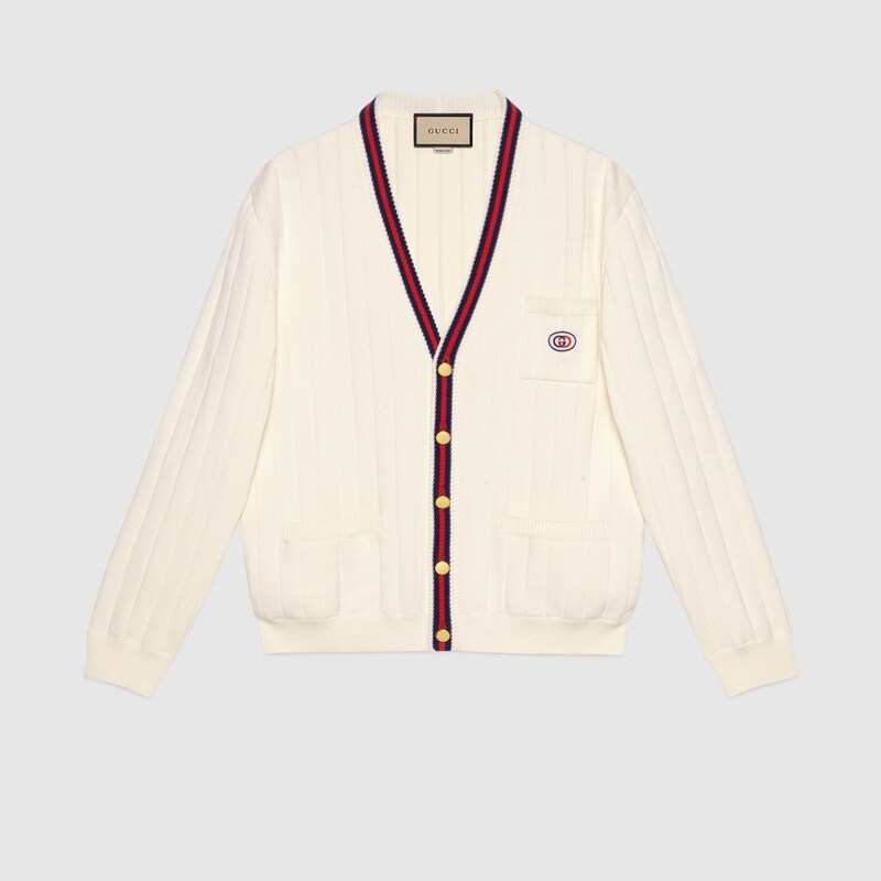 Cardigan in maglia di cotone con scollo a V e Web in avorio | GUCCI® Italia