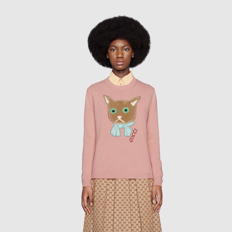 Gucci猫咪贴饰羊毛毛衣in古董粉 Gucci Fr