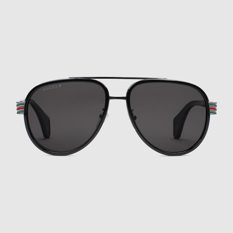 Black Acetate Aviator Sunglasses With Grey Polarized Lens | GUCCI® US