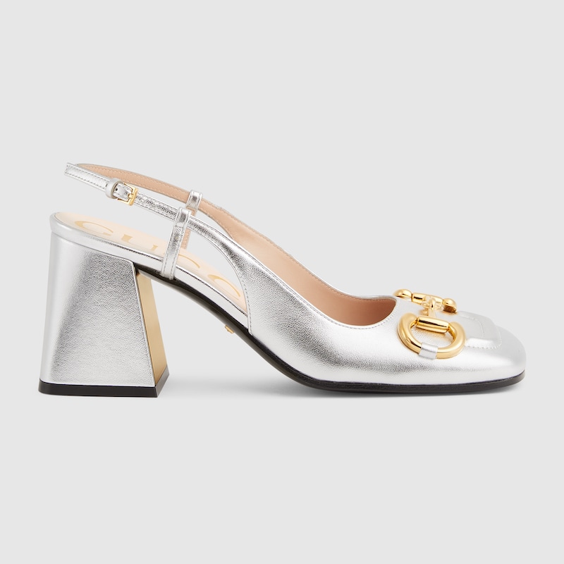 Women's midheel slingback with Horsebit in silver metallic leather
