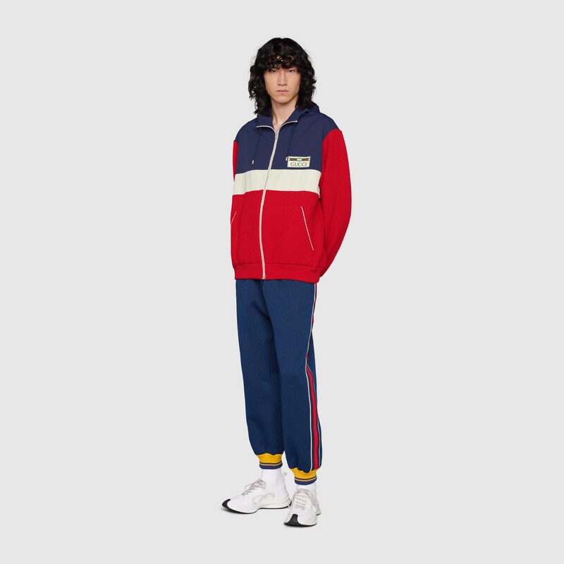 Sudadera de lana con capucha y cremallera en azul y rojo | GUCCI® ES