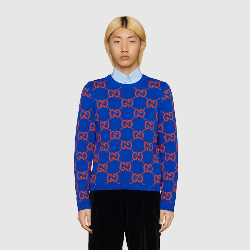 Maglione con motivo GG in blu e rosso | GUCCI® Italia