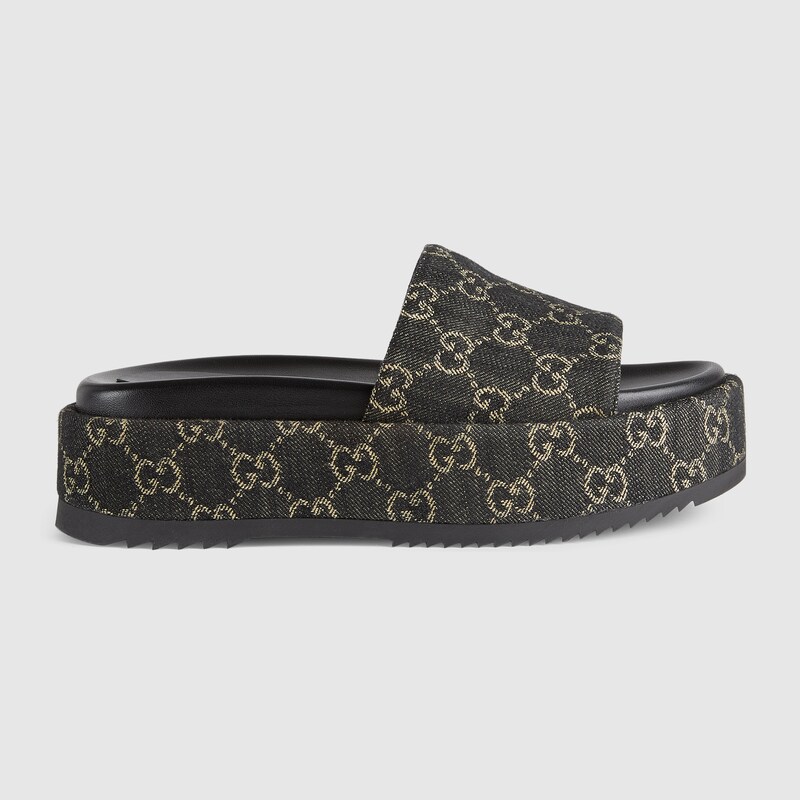 Sandalo slider donna con plateau in denim GG nero e avorio | GUCCI® Italia