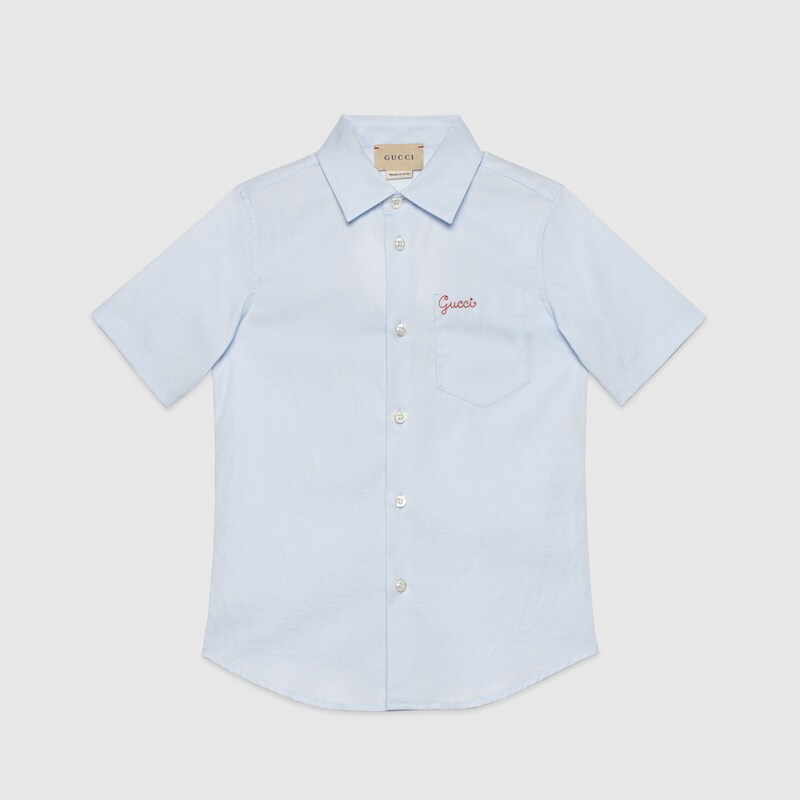 Camicia in cotone con ricamo in blu chiaro | GUCCI® Italia
