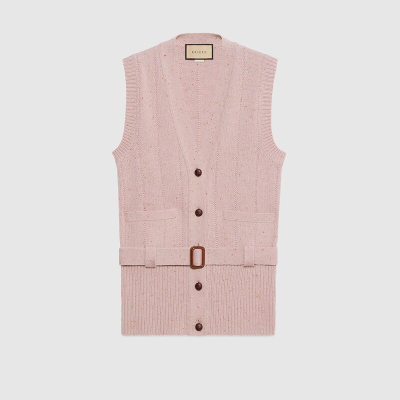 Gilet in maglia di lana a coste con cintura in rosa pallido | GUCCI® Italia