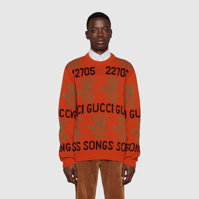 Maglione jacquard Gucci Pineapple in arancione e verde | GUCCI® Italia