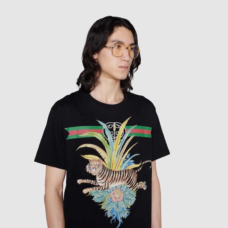 flower print cotton T-shirt in black 