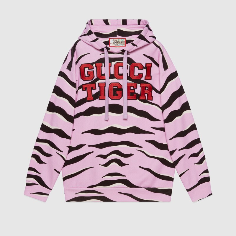 Gucci Tiger felpa in cotone con cappuccio in rosa e nero | GUCCI® CH
