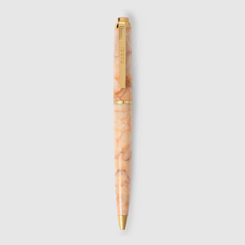 Pen with crocodile Interlocking G case in light yellow marble | GUCCI® PT Gucci Pen with crocodile Interlocking G case