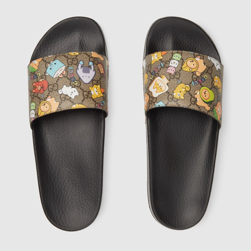 Men's Web animal print slide sandal in black and GG Supreme | GUCCI® MX