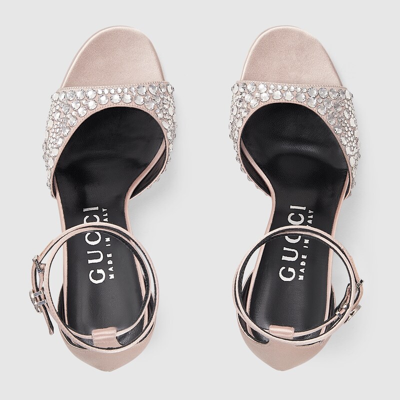 Women's mid-heel sandals with crystals in silver satin | GUCCI® AE