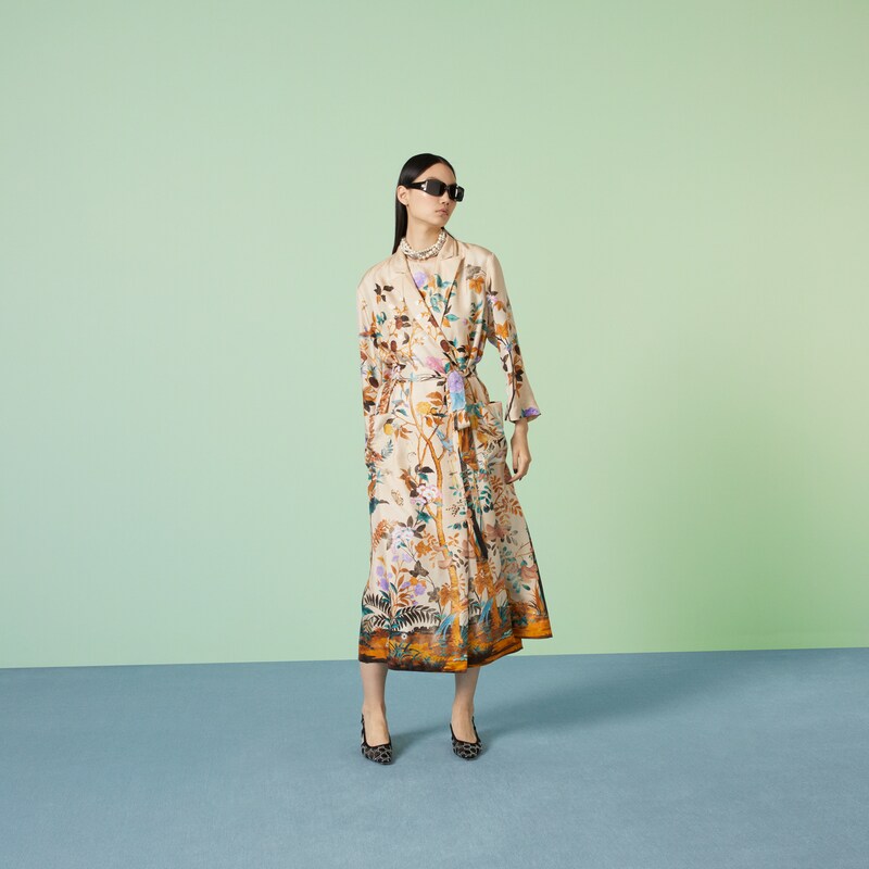 Gucci Tian print silk gown in ivory and lilac GUCCI® UK