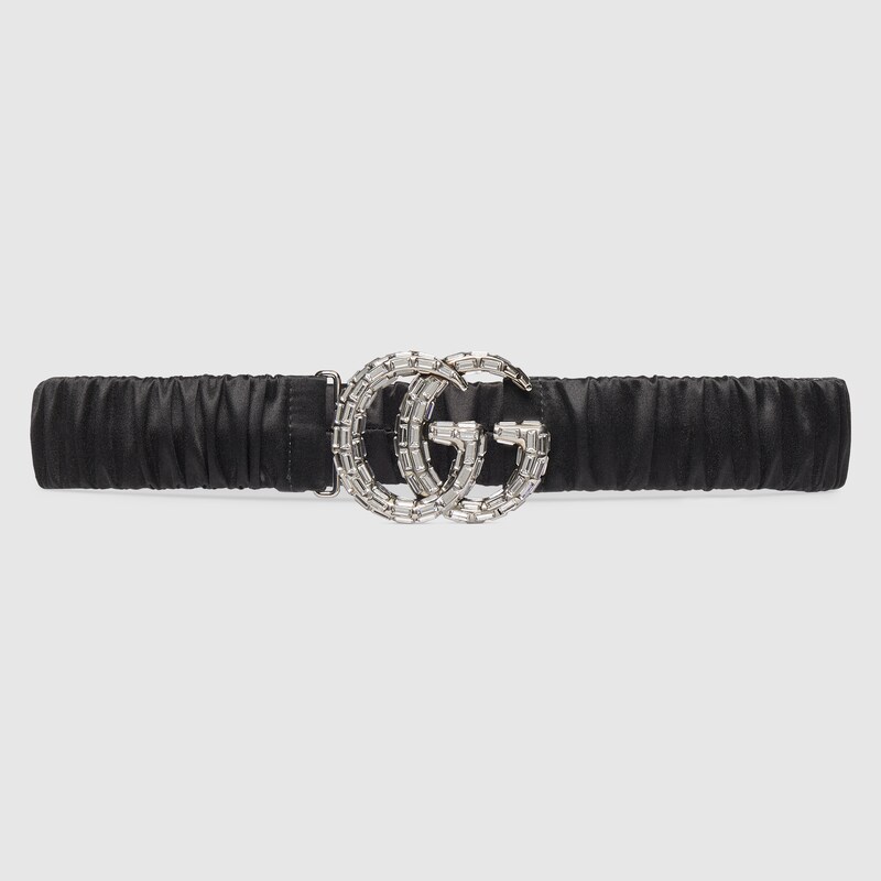 Gg Marmont Wide Belt With Crystals In Black Silk Satin Gucci® Nl