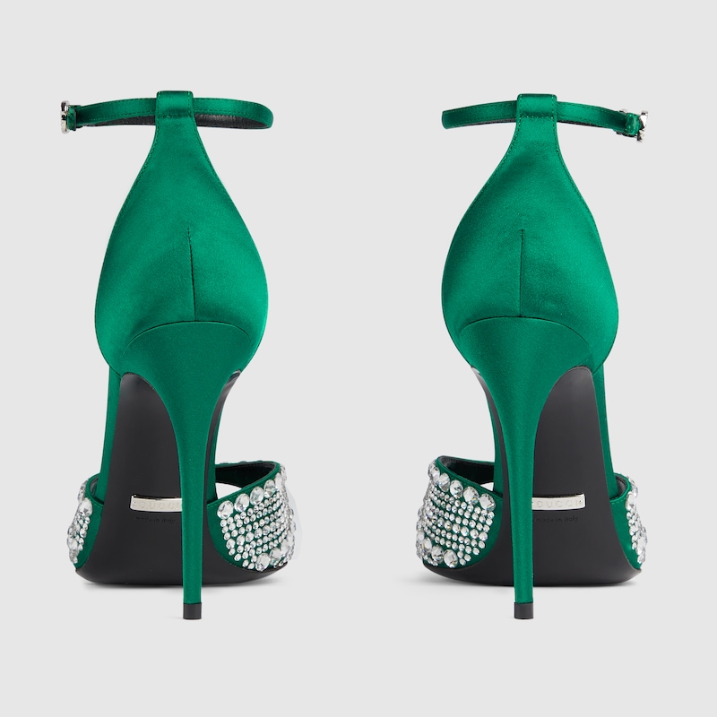 Women's high heel sandals with crystals in emerald green satin GUCCI® Australia