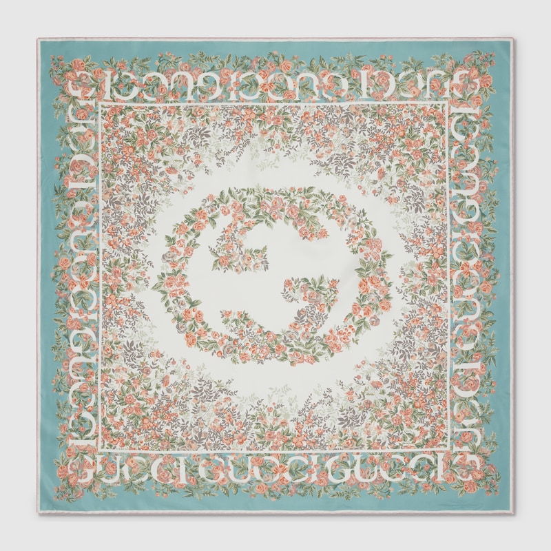 Gucci Vierecktuch Aus Seide Mit Gg Blumen-print In Blau