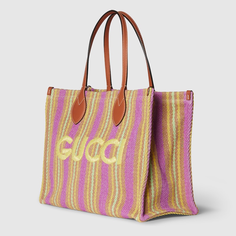 779674 FAC5A 8655 002 100 0000 Light Borsa shopping in iuta con patch Gucci misura media