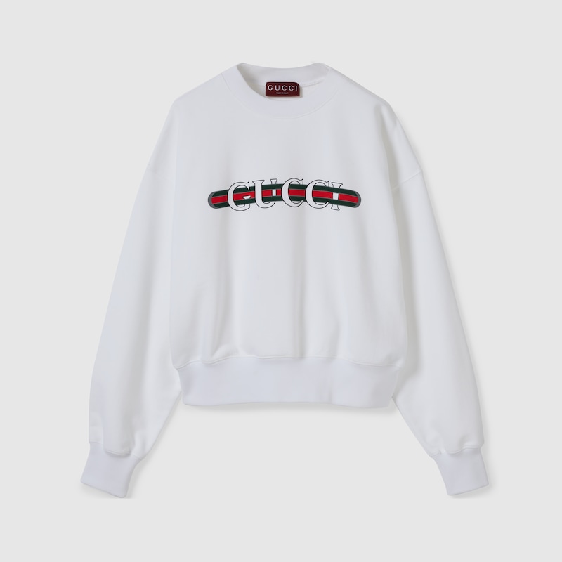 Gucci White Crewneck Sweatshirt With Logo Print And Web Detail In Cotton Woman In White