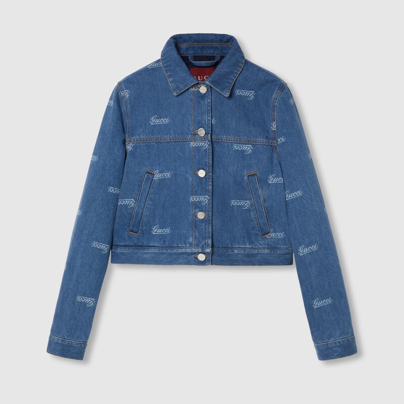 797681 XDC2F 4447 001 100 0000 Light Giacca in denim con dettaglio Gucci laserato