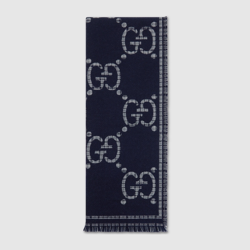 Gucci Check Gg Wool Scarf In Blue
