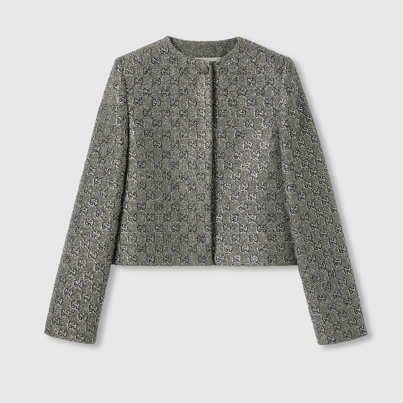 Gucci Embroidered Gg Wool Tweed Jacket In Grey