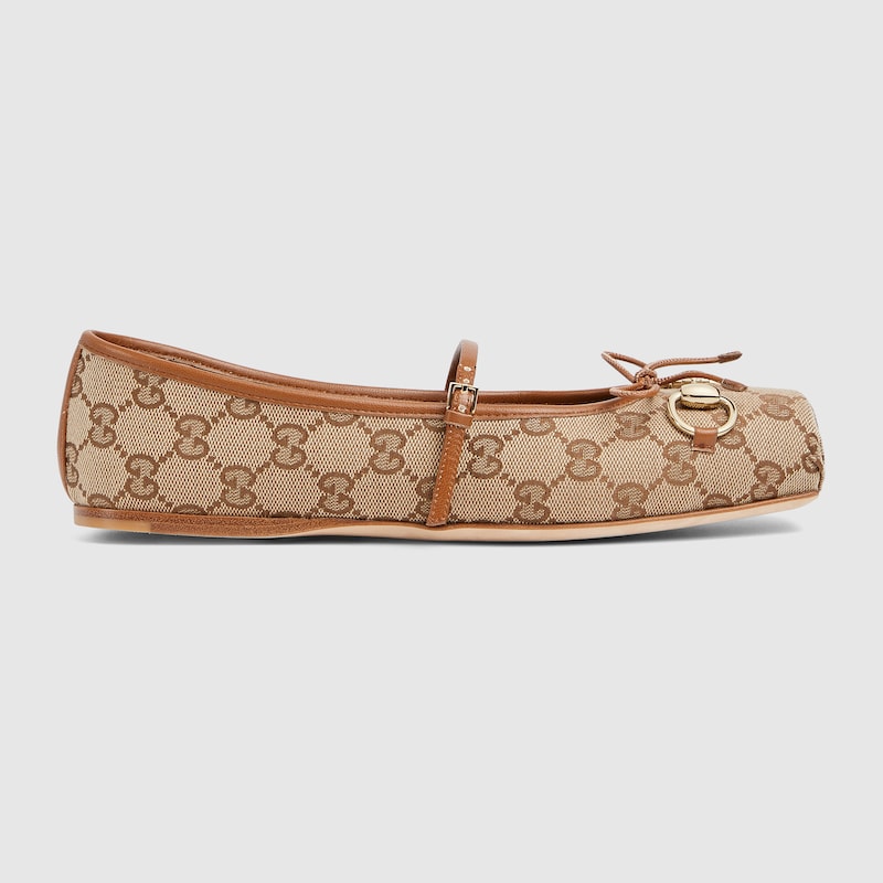 Gucci Horsebit-detailed Leather-trimmed Canvas-jacquard Ballet Flat In Beige