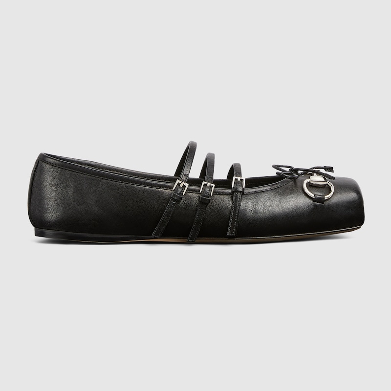 Gucci Leather Bow Detail Squared Toe Ballet Flats In Black