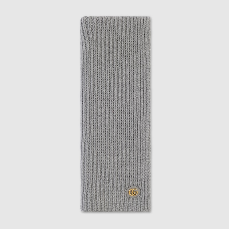 Gucci Wool Cashmere Scarf With Patch In Grey