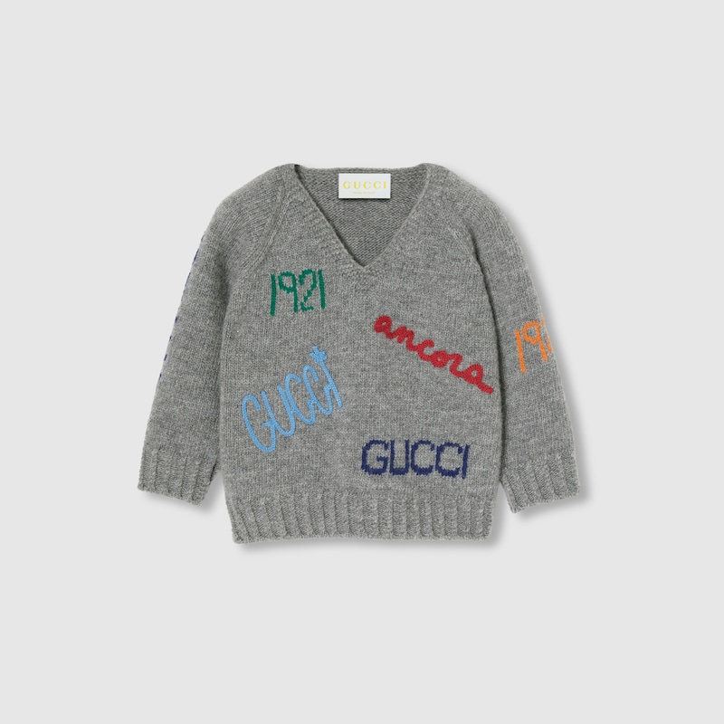 Gucci Babies' Embroidered Wool Sweater In Grey
