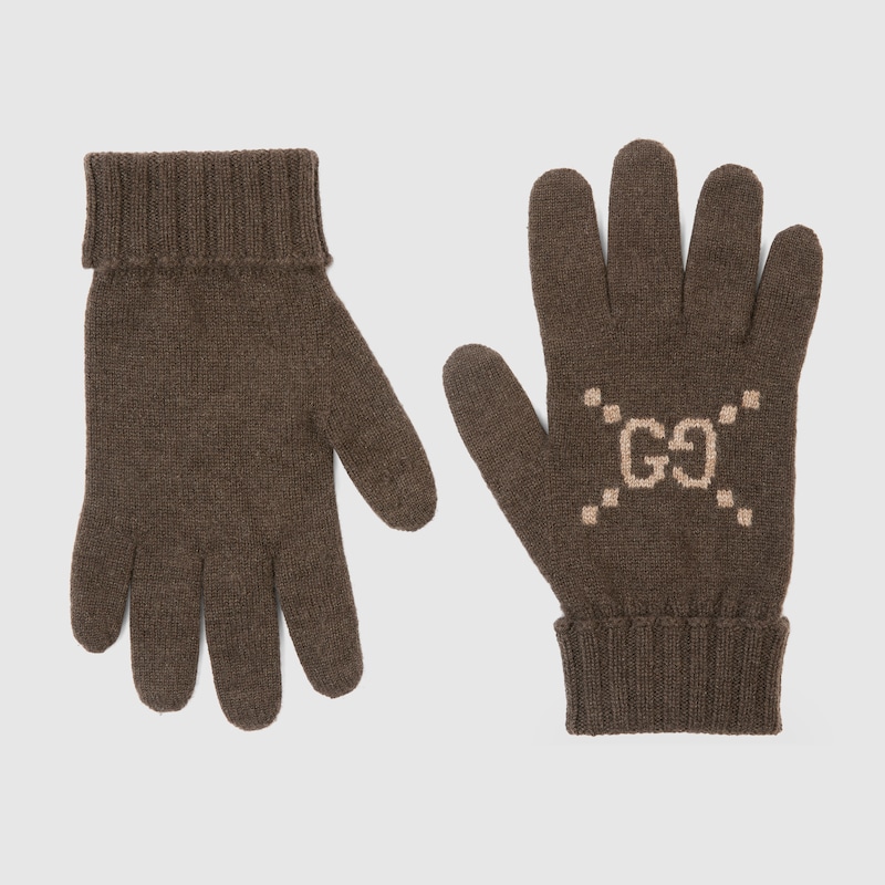 Gucci Gg Cashmere Jacquard Gloves In Brown