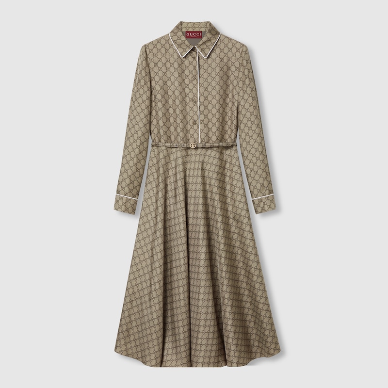 Gucci Gg Supreme-print Silk Midi Dress In Brown