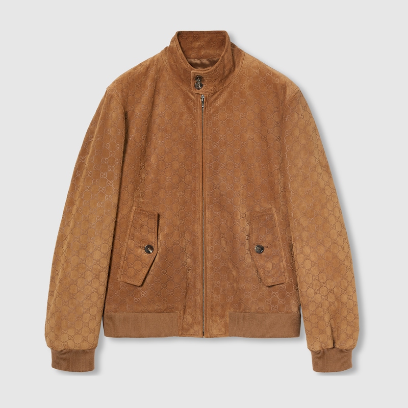 Gucci Brown Jacket With All-over Embossed Gg Motif And Collar With Buttons In Suede Man