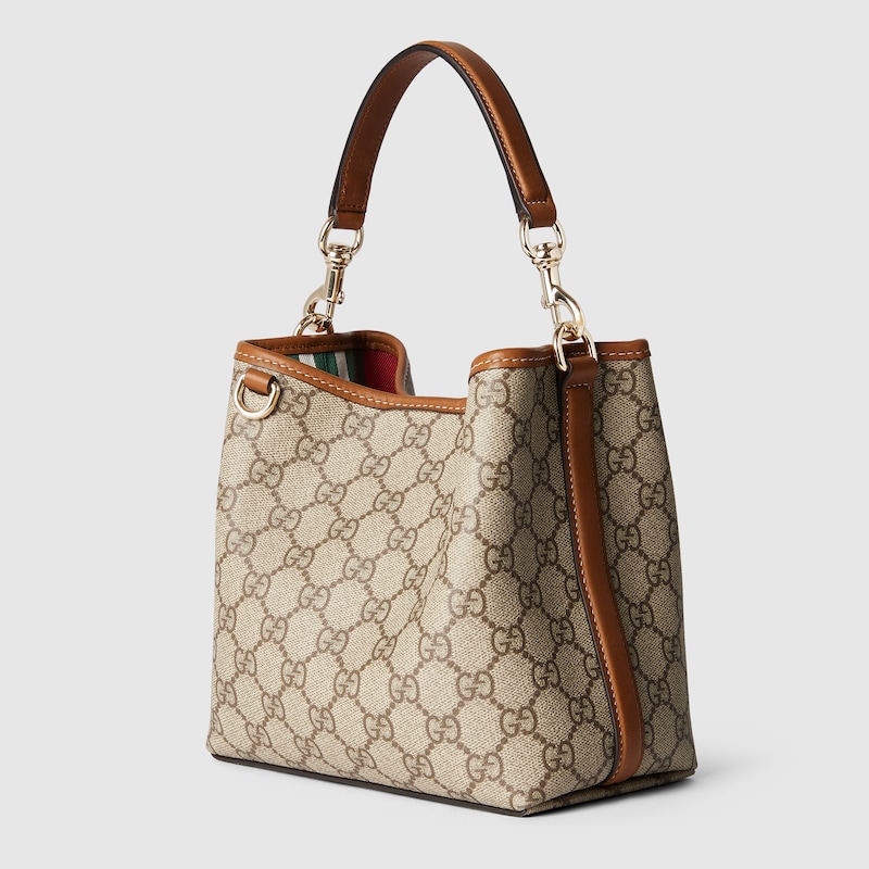 GG Emblem mini bucket bag in beige and dark brown fabric | GUCCI® 香港