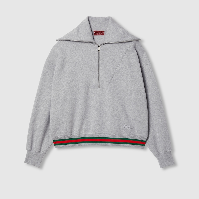Gucci Grey Sweatshirt With Half Zip Closure And Web Detail On The Waist In Jersey Woman In Grey