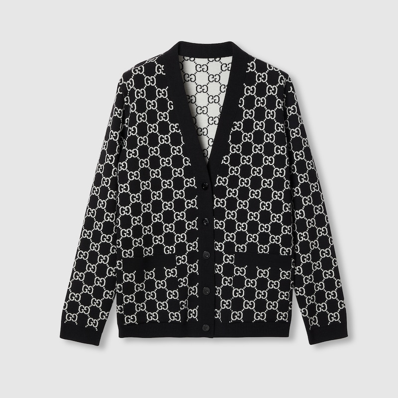 Gucci Reversible Gg Wool Jacquard Cardigan In Black